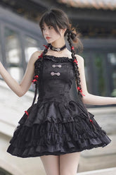 Black Bamboo Leaves Print Ruffle Lace Gothic Chinese Style Lolita Skirt